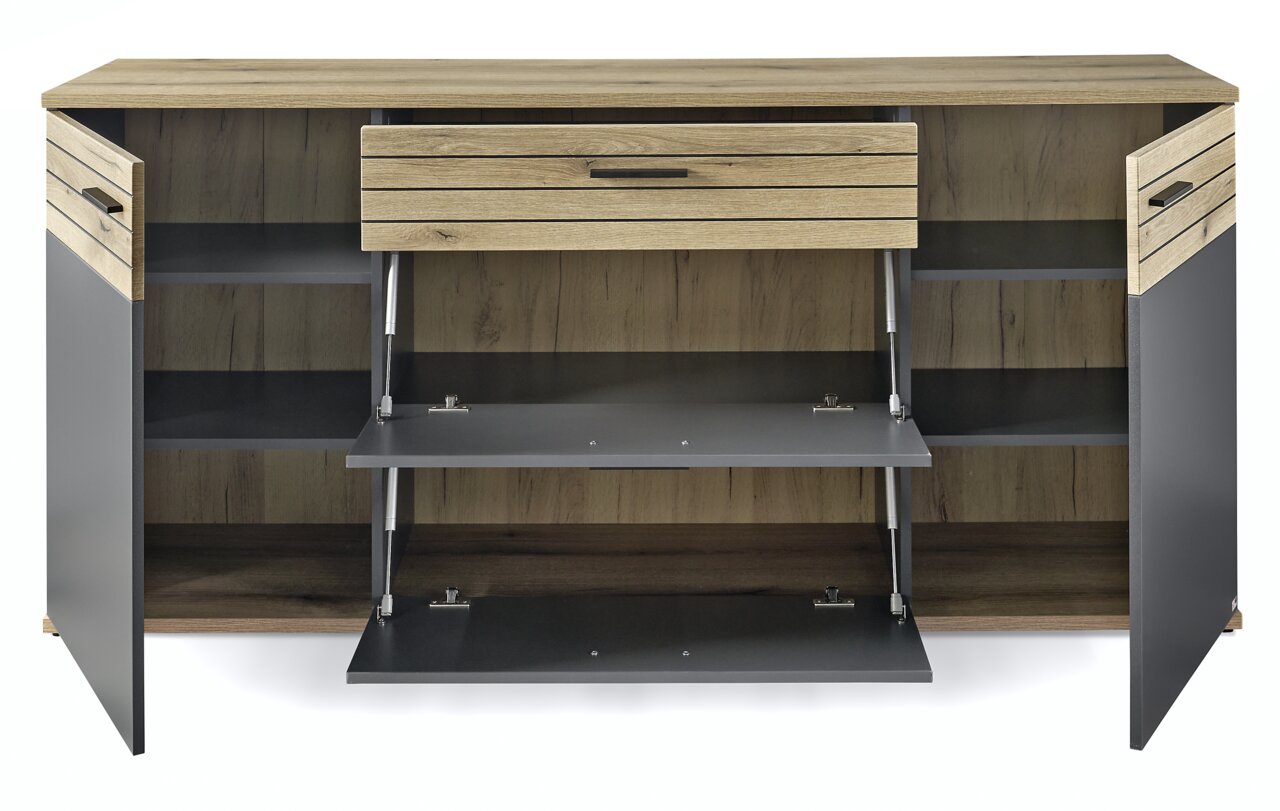 Vooraanzicht van een modern dressoir met open deuren en lades, in houtlook met grijze accenten.
