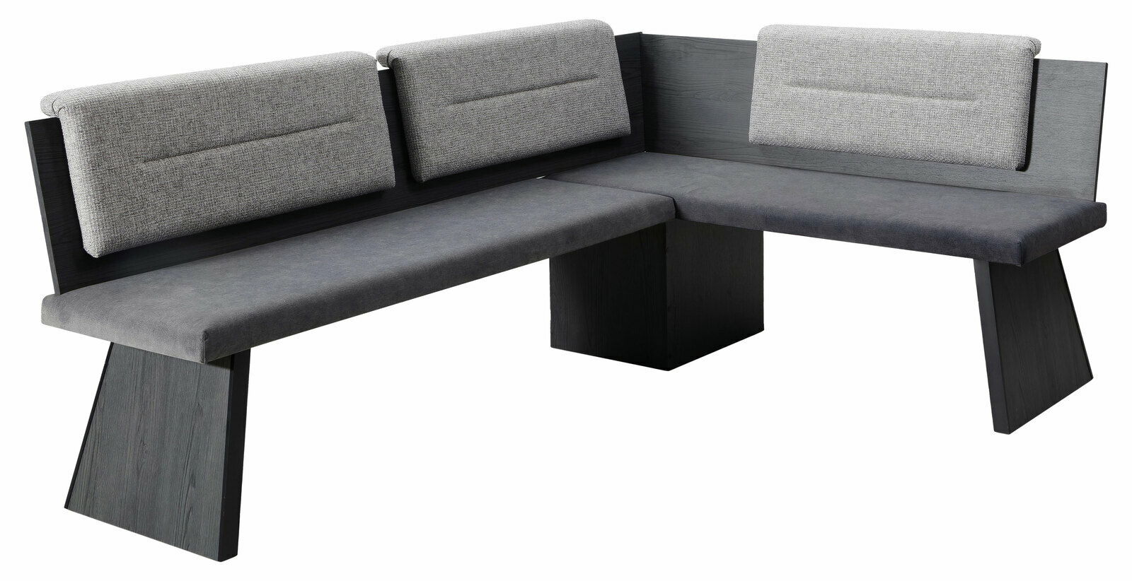 Eckbankgruppe in moderner Perspektive mit grauem Stoffbezug und dunklem Holzgestell