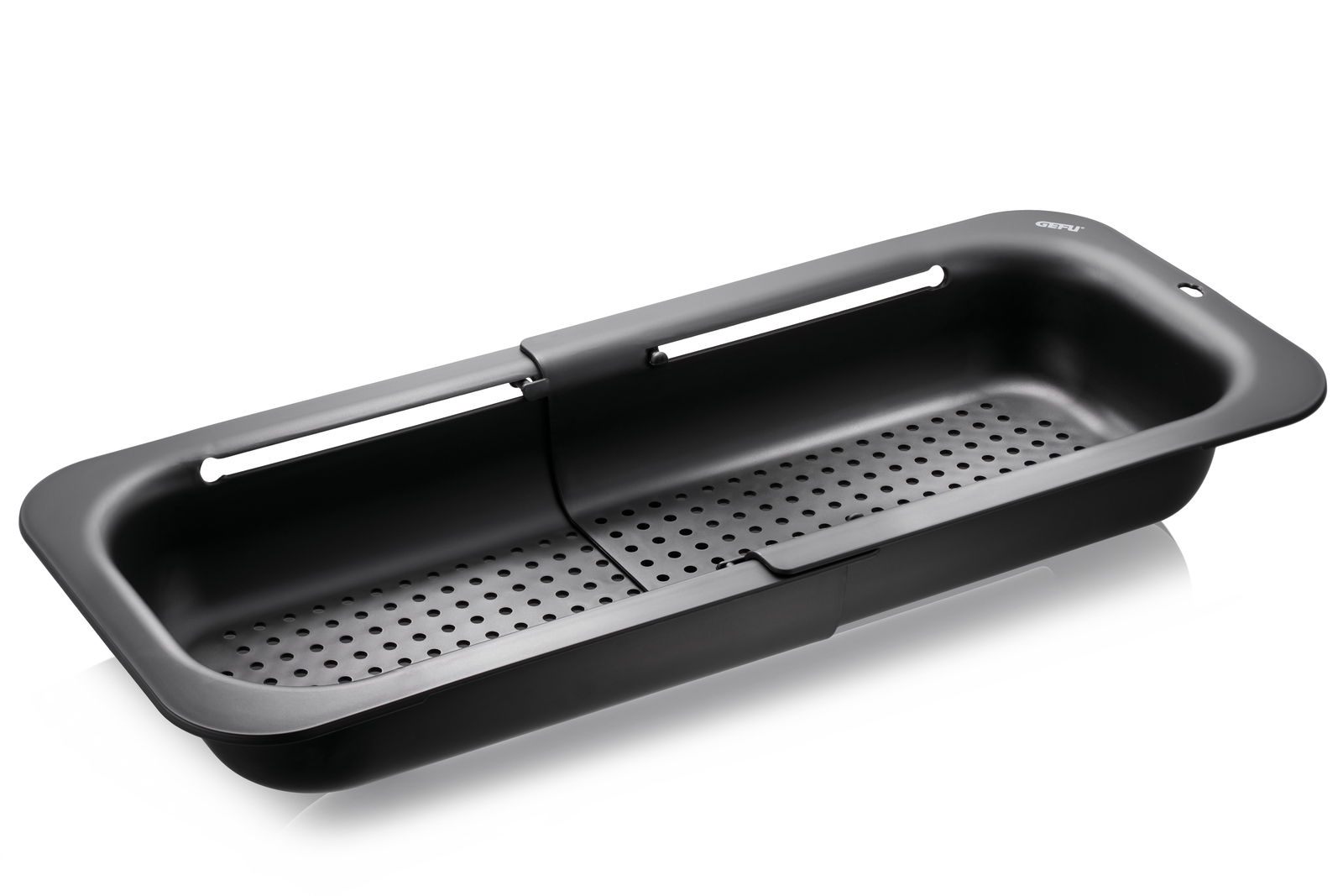 Schwarzes Spülbeckensieb DRENARE in rechteckiger Form mit Löchern, seitliche Perspektive