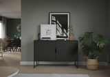 Modernes Sideboard in dunklem Design, frontal fotografiert, dekoriert mit Kunstwerken, Büchern und Pflanzen, in einem stilvollen Wohnzimmer.