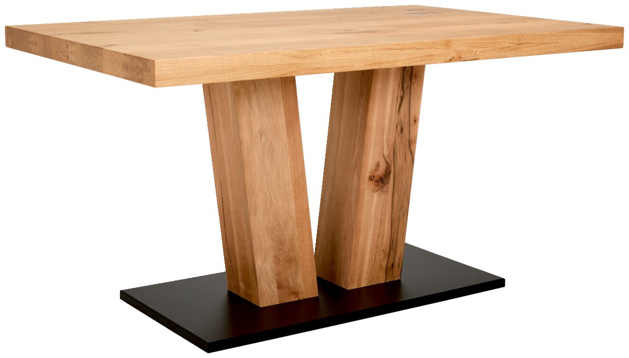 Moderne houten eettafel met V-vormig onderstel, zijaanzicht