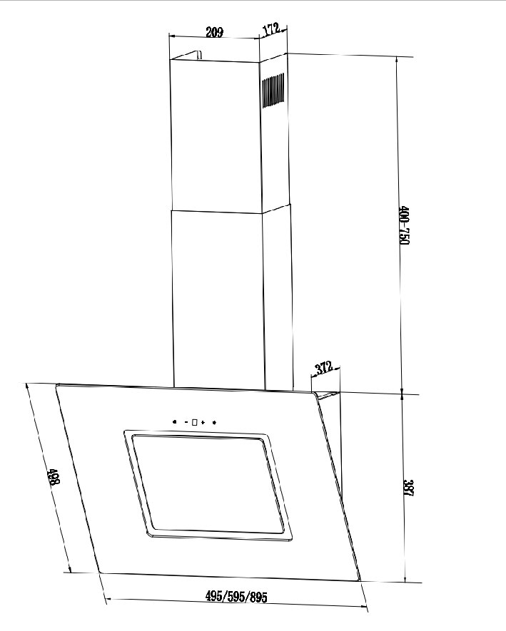 Technische Maßzeichnung einer schrägen Wand-Dunstabzugshaube mit Kamin (Frontansicht in leichter Perspektive), mit angegebenen Maßen wie Breite 495/595/895 mm, Höhe bis ca. 750 mm und Tiefe ca. 498 mm.