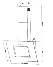 Technische Maßzeichnung einer schrägen Wand-Dunstabzugshaube mit Kamin (Frontansicht in leichter Perspektive), mit angegebenen Maßen wie Breite 495/595/895 mm, Höhe bis ca. 750 mm und Tiefe ca. 498 mm.