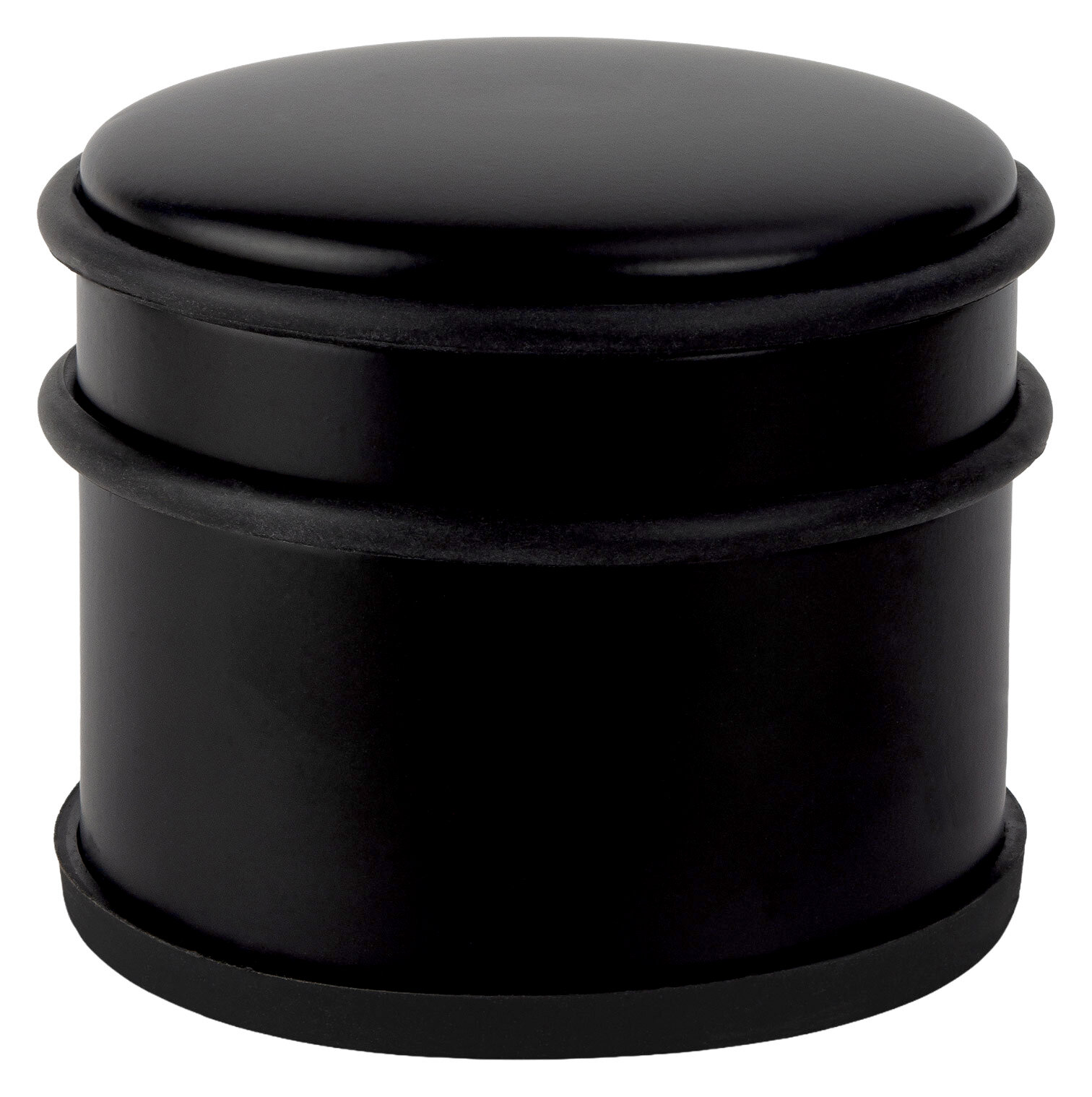 Schwarzer Türstopper aus Metall, zylindrische Form, seitliche Perspektive