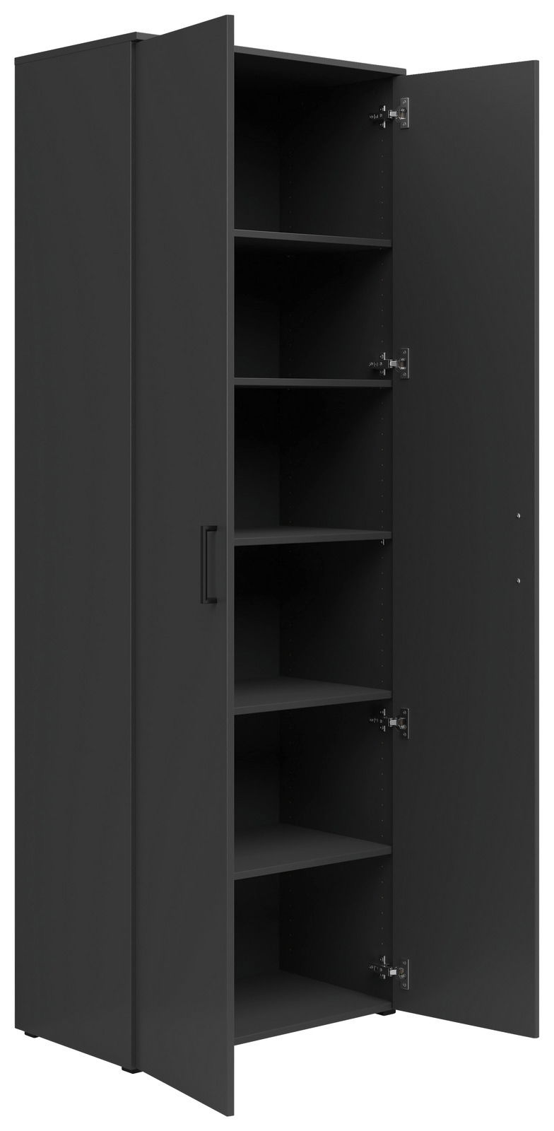 Schwarzer Mehrzweckschrank mit offenen Türen und mehreren Regalböden, seitliche Perspektive
