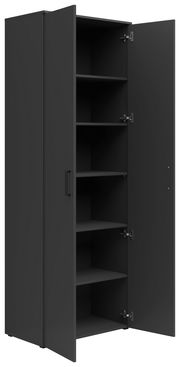 Schwarzer Mehrzweckschrank mit offenen Türen und mehreren Regalböden, seitliche Perspektive