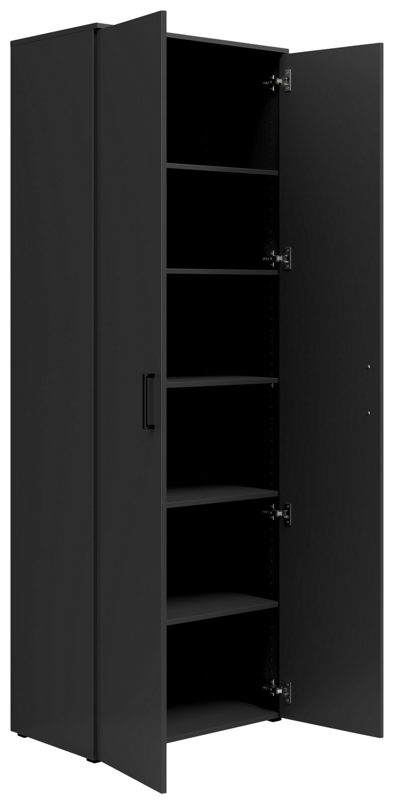 Schwarzer Mehrzweckschrank mit offenen Türen und mehreren Regalböden, seitliche Perspektive
