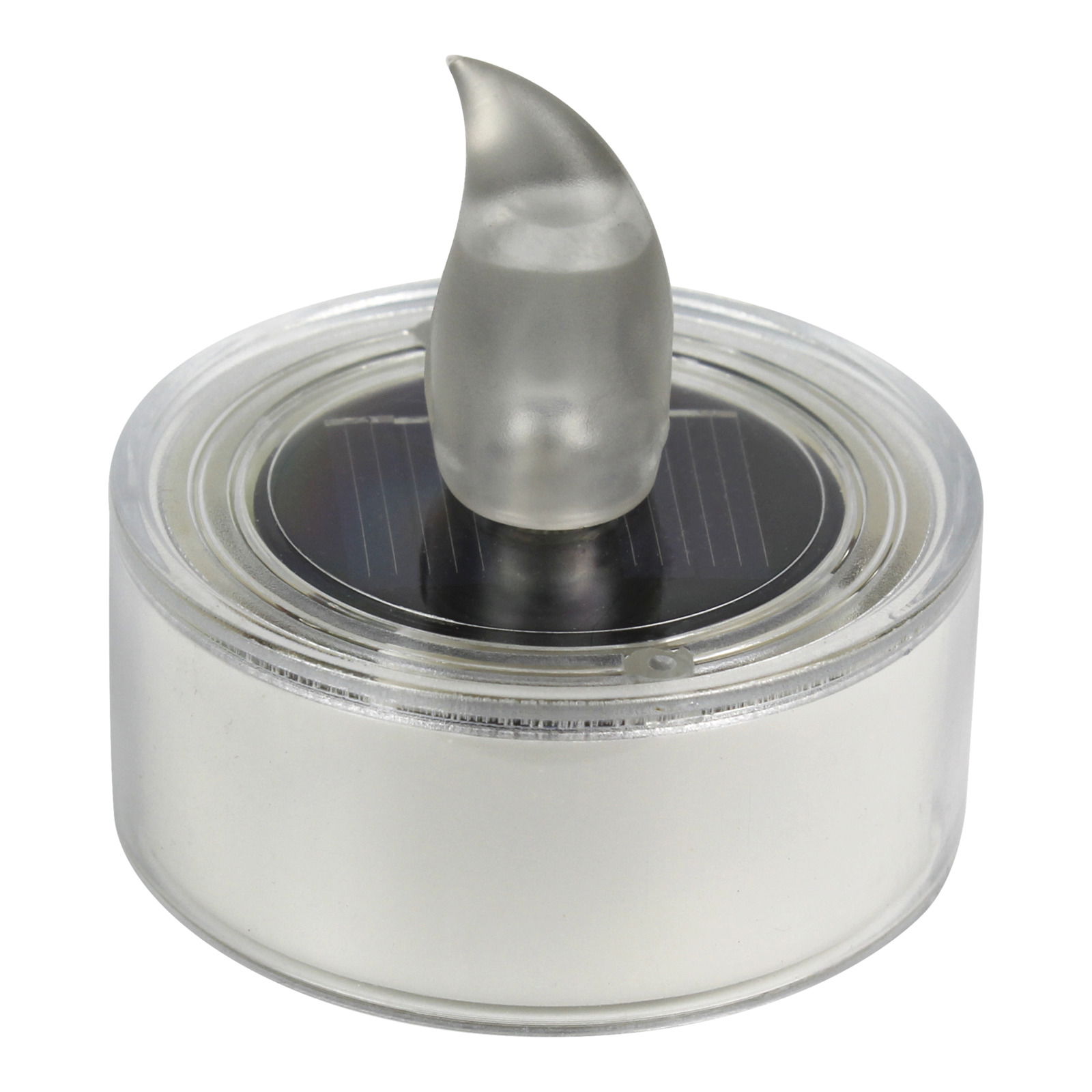 Runde Solarleuchte mit flammenförmigem Lichtaufsatz, seitliche Perspektive