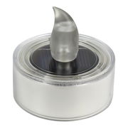 Runde Solarleuchte mit flammenförmigem Lichtaufsatz, seitliche Perspektive