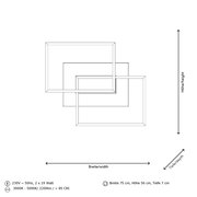 LED-Deckenleuchte in rechteckigem Design, Draufsicht, Maße: Breite 75 cm, Höhe 56 cm, Tiefe 7 cm, 230V, 50Hz, 2 x 19 Watt, Farbtemperatur 3000K - 5000K, Lichtstrom 2200lm, Farbwiedergabeindex > 85 CRI.