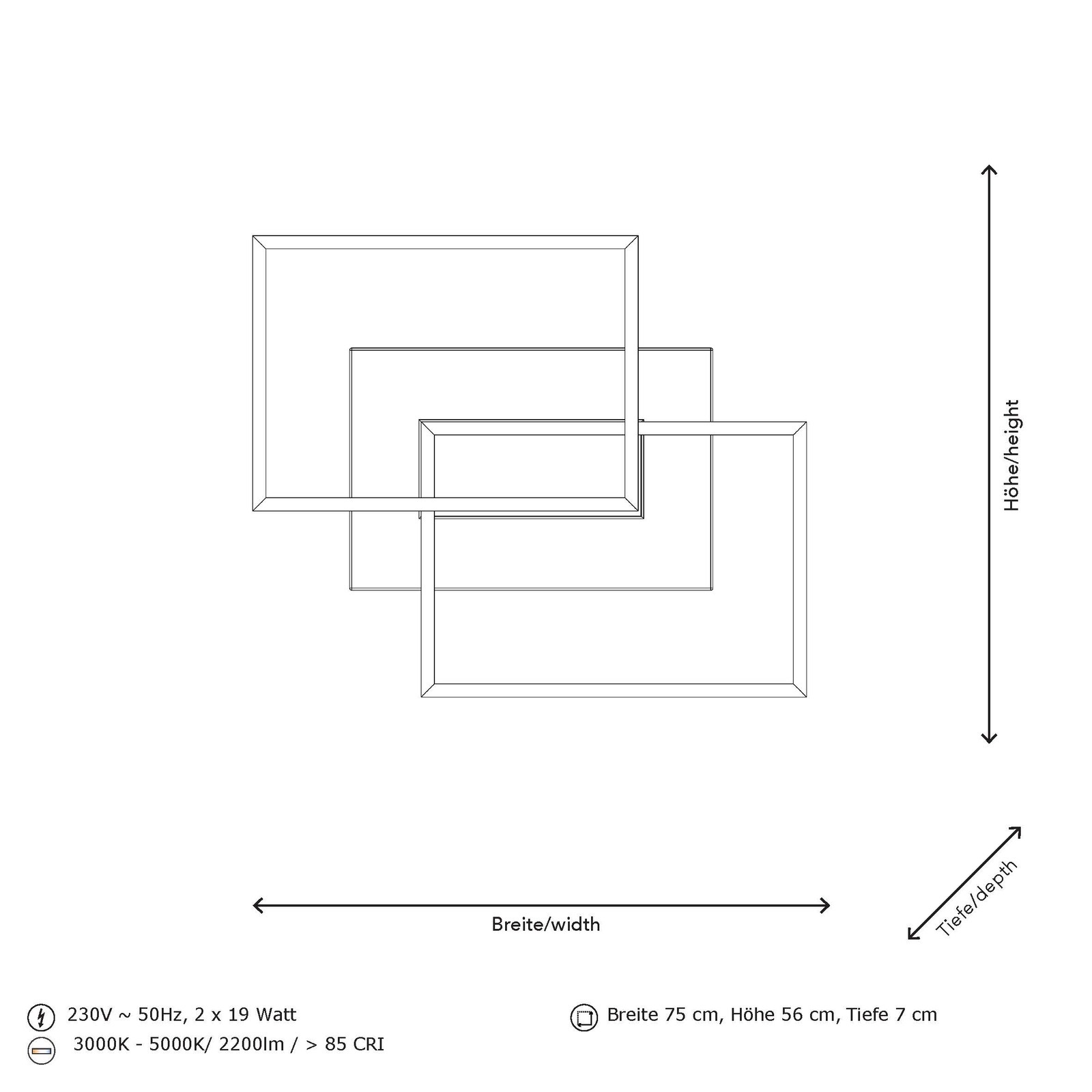LED-Deckenleuchte in rechteckigem Design, Draufsicht, Maße: Breite 75 cm, Höhe 56 cm, Tiefe 7 cm, 230V, 50Hz, 2 x 19 Watt, Farbtemperatur 3000K - 5000K, Lichtstrom 2200lm, Farbwiedergabeindex > 85 CRI.