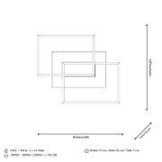 LED-Deckenleuchte in rechteckigem Design, Draufsicht, Maße: Breite 75 cm, Höhe 56 cm, Tiefe 7 cm, 230V, 50Hz, 2 x 19 Watt, Farbtemperatur 3000K - 5000K, Lichtstrom 2200lm, Farbwiedergabeindex > 85 CRI.