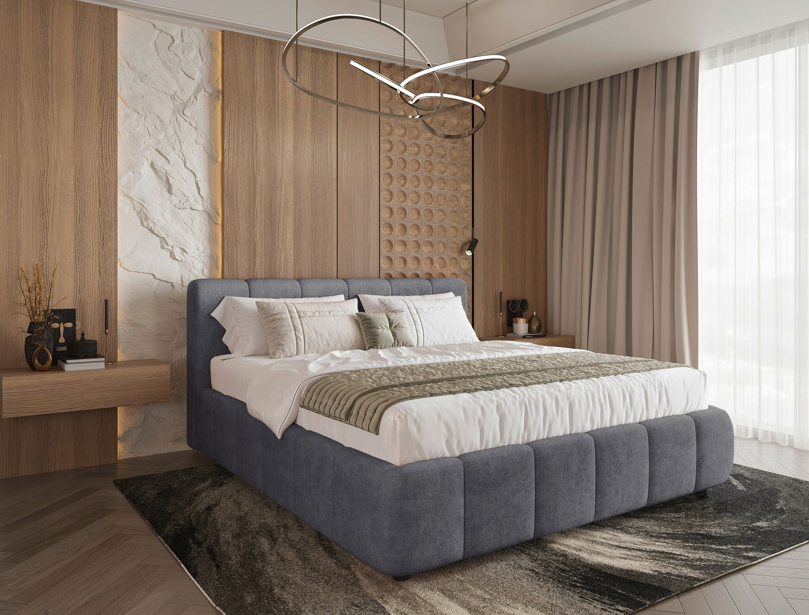 Modernes Polsterbettgestell in einem stilvollen Schlafzimmer, seitliche Perspektive.