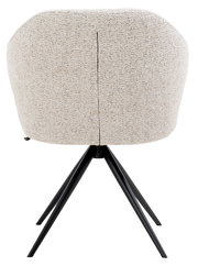 Rückansicht eines Armlehnstuhls mit beigem Stoffbezug und schwarzen Metallbeinen.