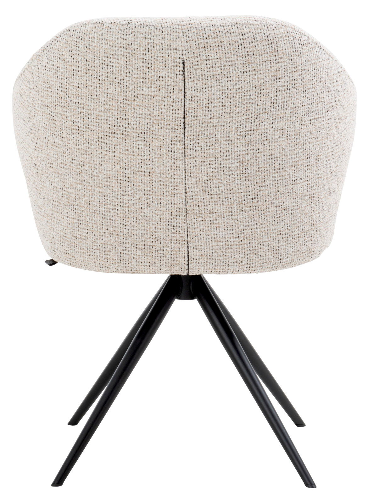 Rückansicht eines Armlehnstuhls mit beigem Stoffbezug und schwarzen Metallbeinen.