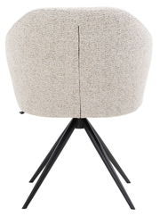 Rückansicht eines Armlehnstuhls mit beigem Stoffbezug und schwarzen Metallbeinen.