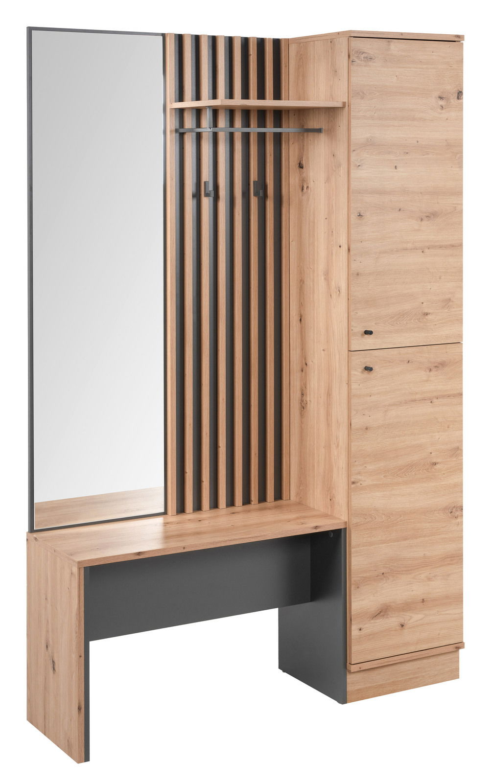 Carryhome Garderoben-Set MEDAN Garderoben-Set aus Holz mit Spiegel, Haken und Stauraum, seitliche Perspektive