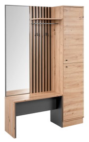 Houten garderobestel met spiegel, haken en opbergruimte, zijaanzicht