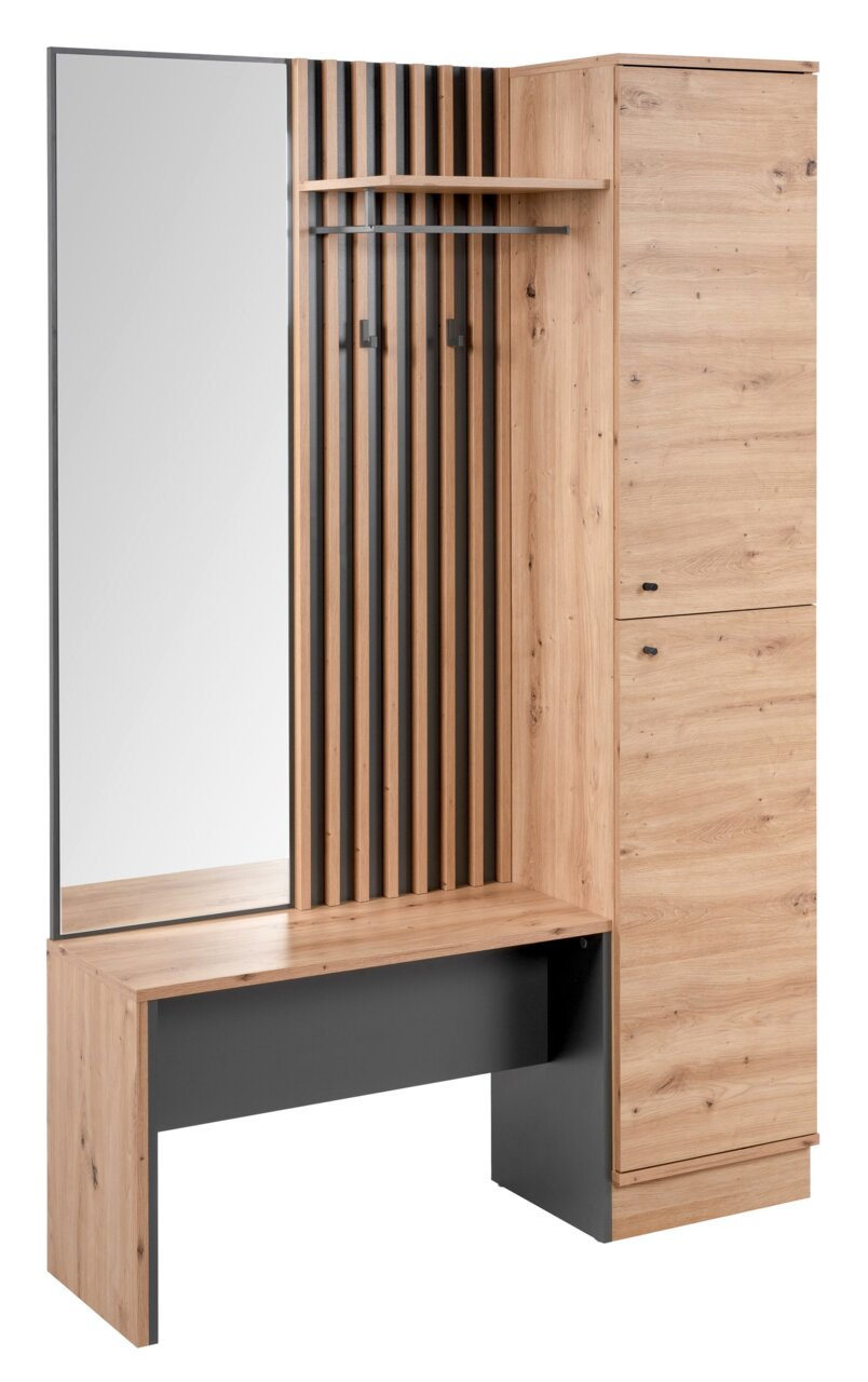 Garderoben-Set aus Holz mit Spiegel, Haken und Stauraum, seitliche Perspektive