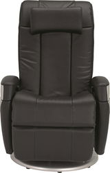 Frontansicht eines schwarzen Massagesessels mit gepolsterten Armlehnen und Kopfstütze.