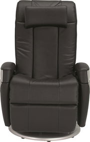 Frontansicht eines schwarzen Massagesessels mit gepolsterten Armlehnen und Kopfstütze.