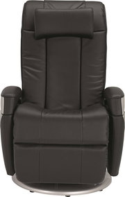 Frontansicht eines schwarzen Massagesessels mit gepolsterten Armlehnen und Kopfstütze.