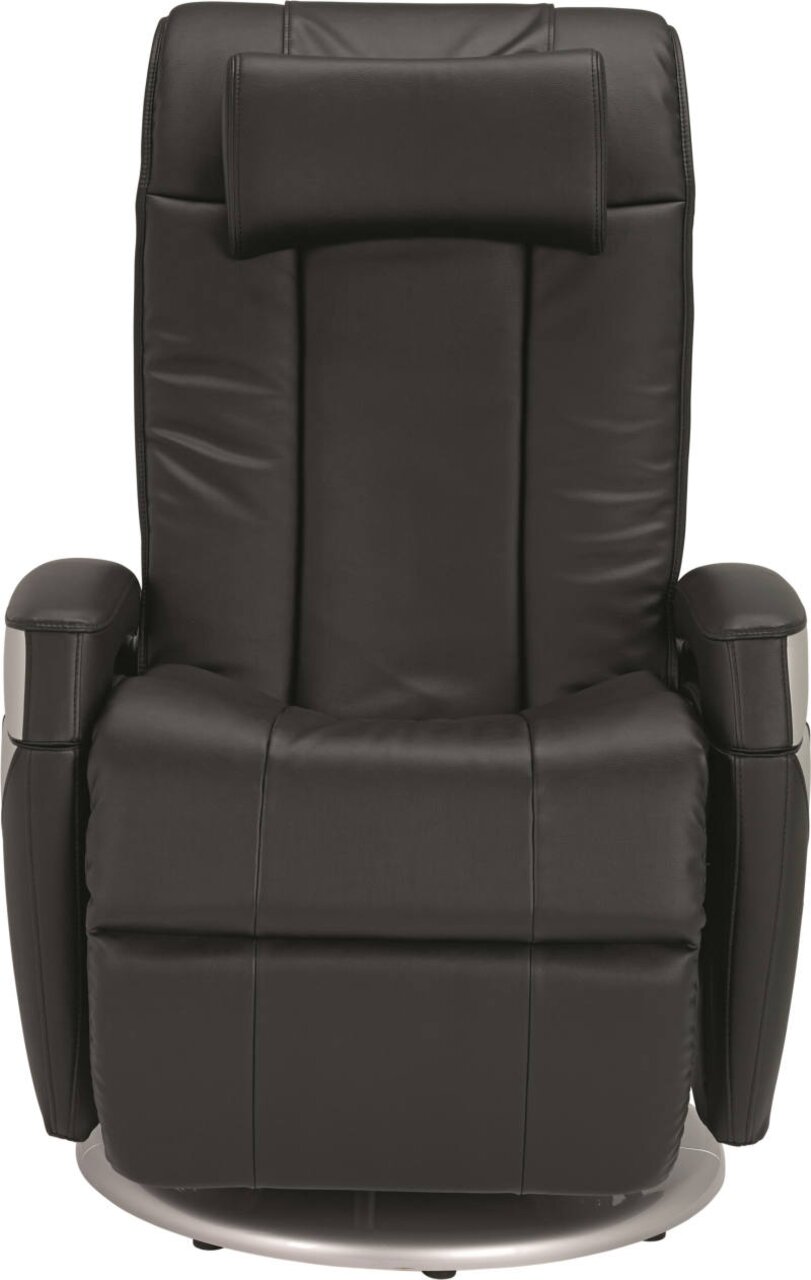 Frontansicht eines schwarzen Massagesessels mit gepolsterten Armlehnen und Kopfstütze.