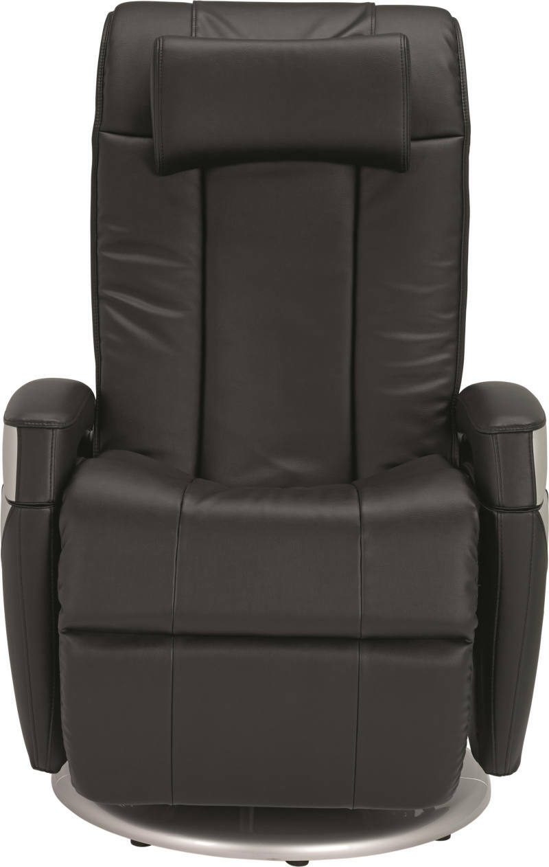 Frontansicht eines schwarzen Massagesessels mit gepolsterten Armlehnen und Kopfstütze.