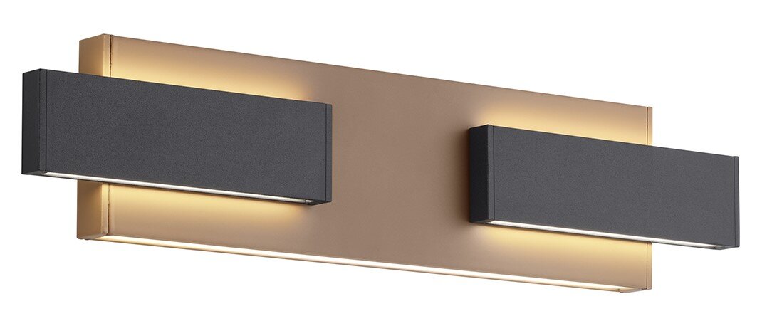Moderne Wandleuchte mit zwei rechteckigen, schwarzen Leuchtkörpern auf einer goldenen Basis, seitliche Perspektive