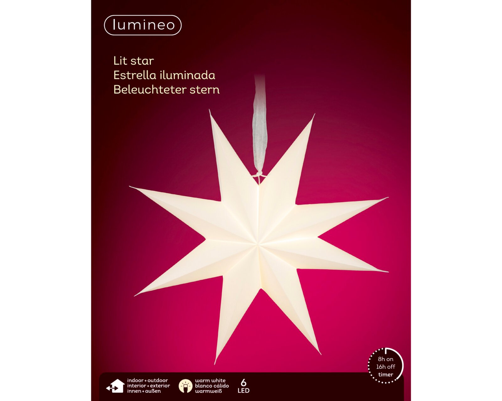 Frontalansicht eines warmweiß leuchtenden Lumineo Dekosterns mit 6 LEDs und Timer für den Innen- und Außenbereich