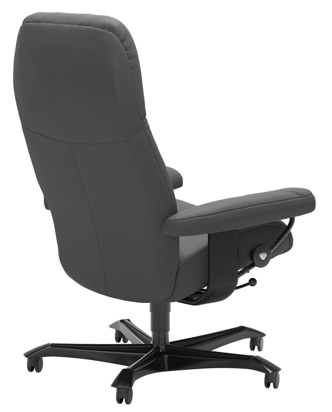 Rückansicht eines schwarzen Chefsessels mit gepolsterter Rückenlehne und Armlehnen, auf einem drehbaren Fuß mit Rollen.