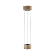 Moderne Pendelleuchte in Gold/Champagner mit zylindrischer Deckenhalterung, drei Abhängeseilen und zylindrischem Leuchtenkörper mit transparenter Kuppel, frontal in Zentralperspektive freigestellt auf weißem Hintergrund