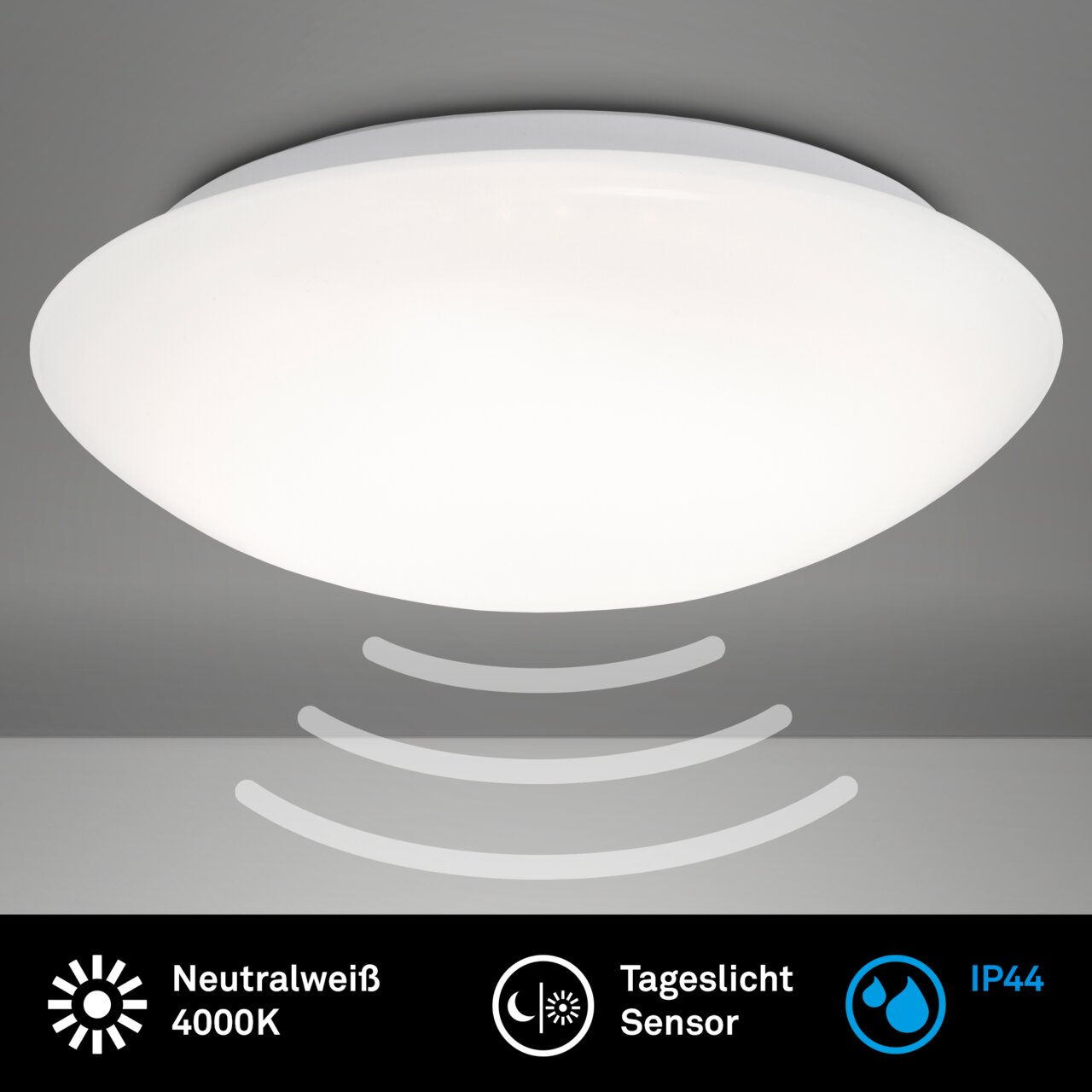 LED-Deckenleuchte mit Bewegungssensor, neutralweißes Licht 4000K, IP44, Ansicht von unten