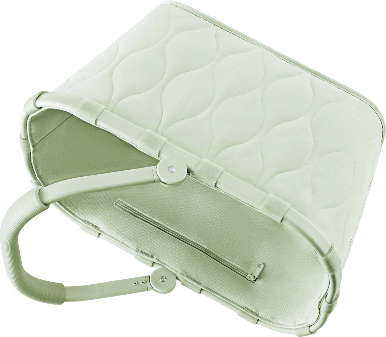 Hellgrüne, gesteppte Laptoptasche/Tragetasche mit Griff, umlaufendem Rahmen und Reißverschlussfach auf der Rückseite, gezeigt in schräger Ansicht von hinten/oben