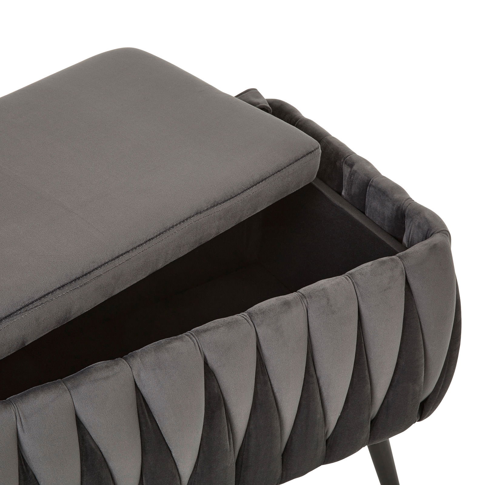 Graue Hockerbank mit aufklappbarem Sitzpolster, seitliche Perspektive