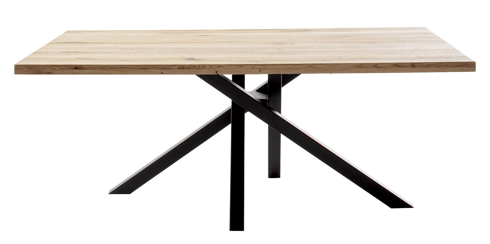 Moderner Esstisch mit Holzplatte und schwarzem Metallgestell, seitliche Perspektive