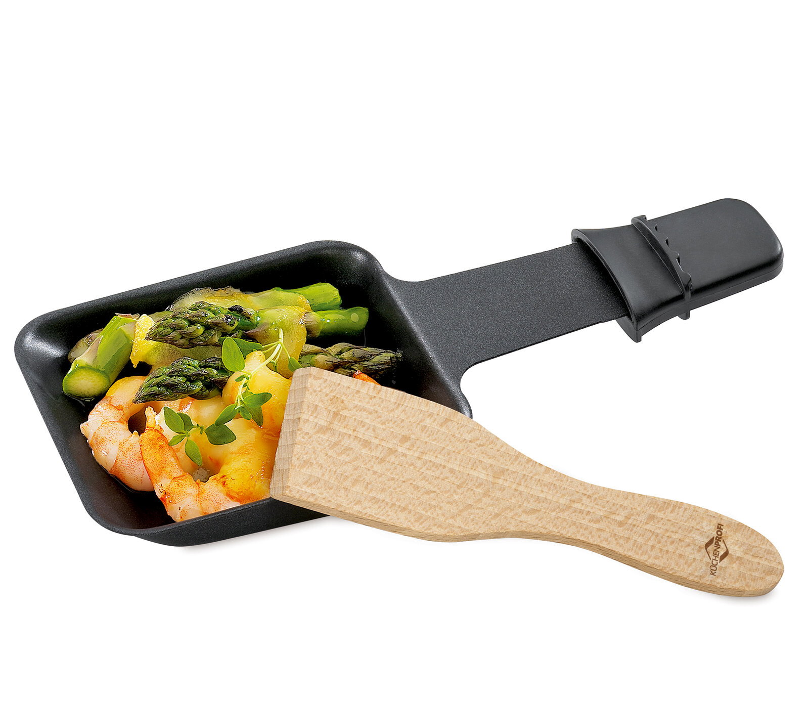 KÜCHENPROFI Raclette-Schaber, 8er Set Raclette-Pfännchen mit Holzschaber, gefüllt mit Spargel und Garnelen, aus der Vogelperspektive.