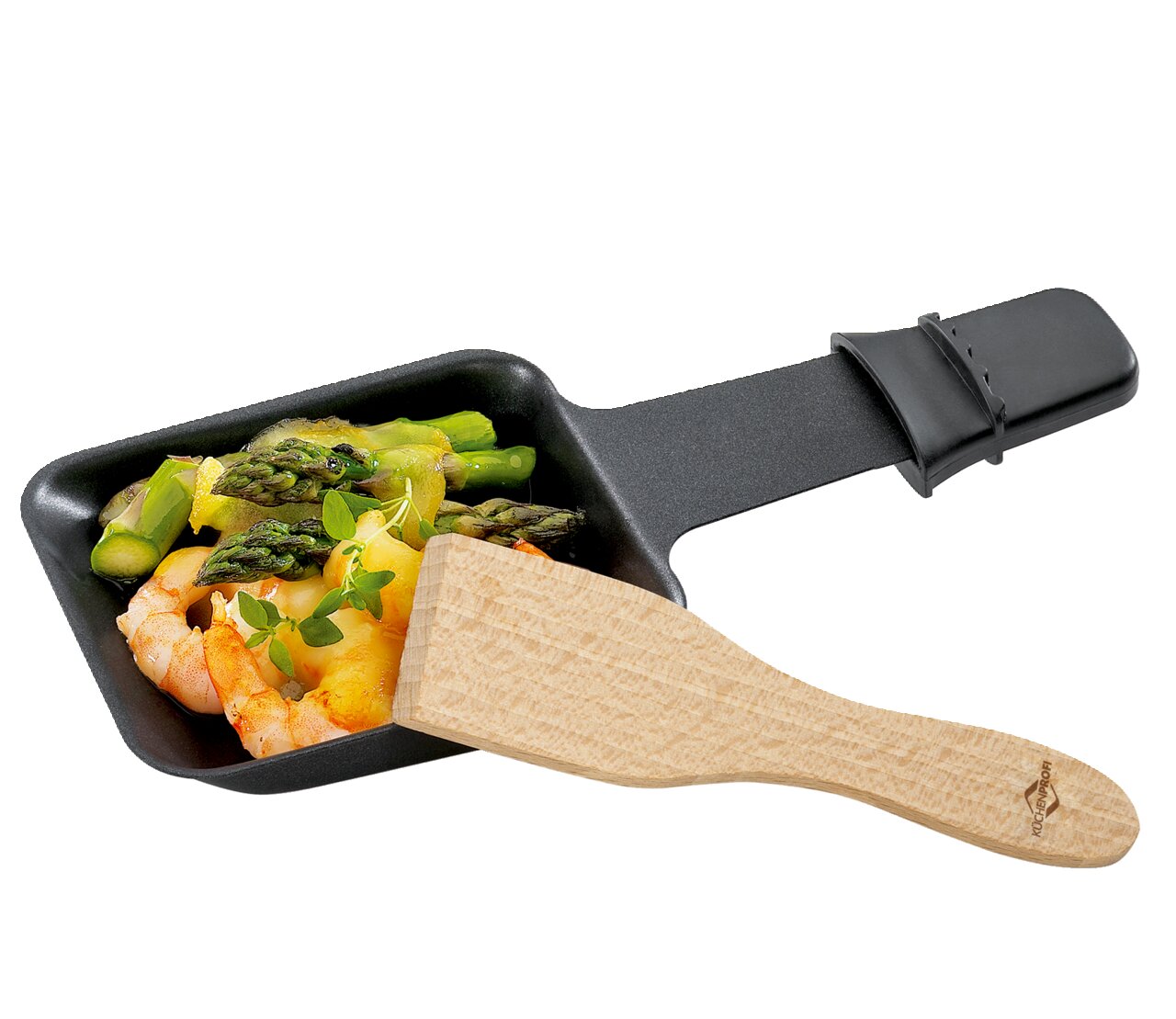 KÜCHENPROFI Raclette-Schaber, 8er Set Raclette-Pfännchen mit Holzschaber, gefüllt mit Spargel und Garnelen, aus der Vogelperspektive.