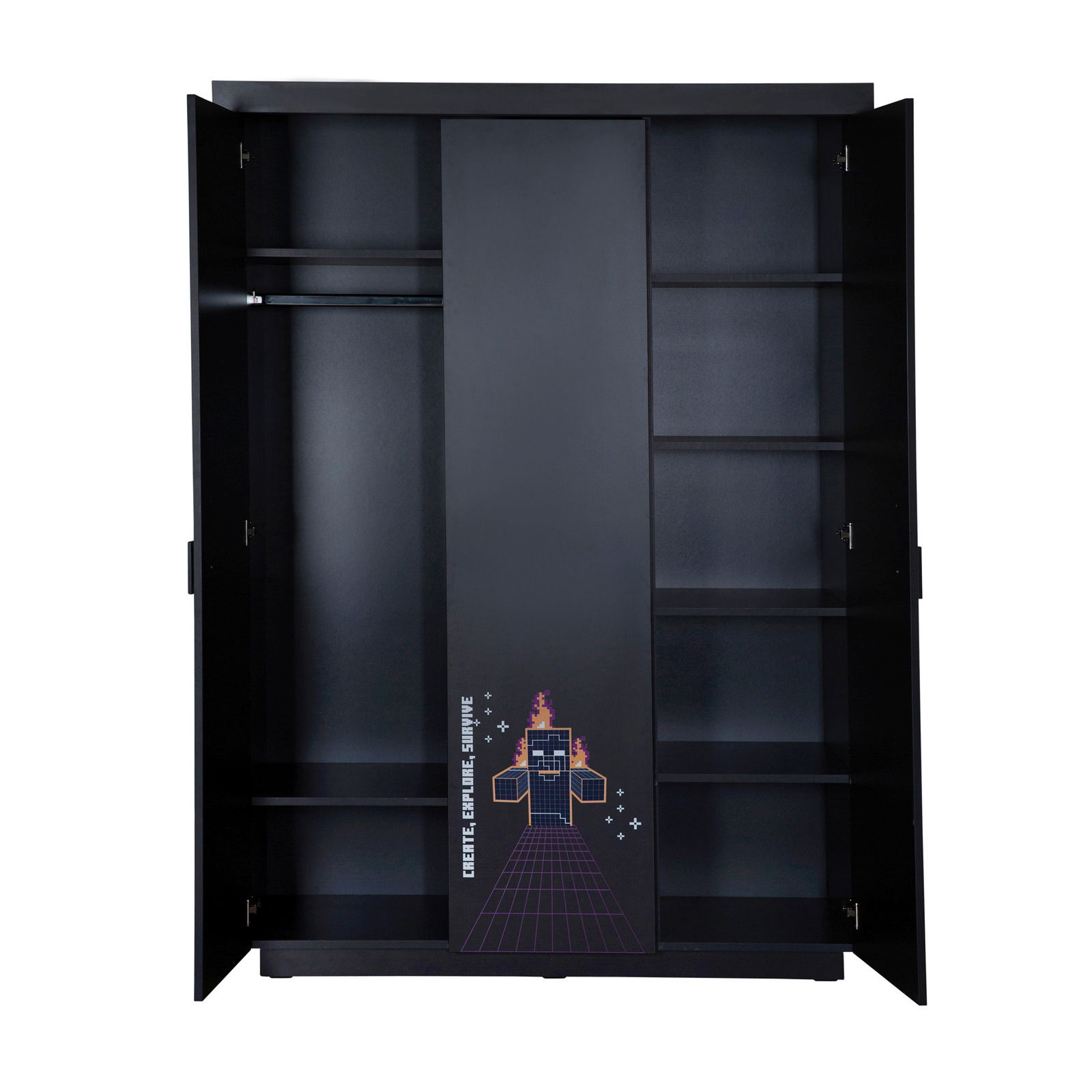 Geöffneter schwarzer Kleiderschrank mit drei Türen, mittlere Tür mit futuristischem Design, Innenansicht mit Regalen und Kleiderstange, frontale Perspektive