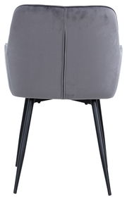 Rückansicht eines grauen Armlehnstuhls mit schwarzen Beinen