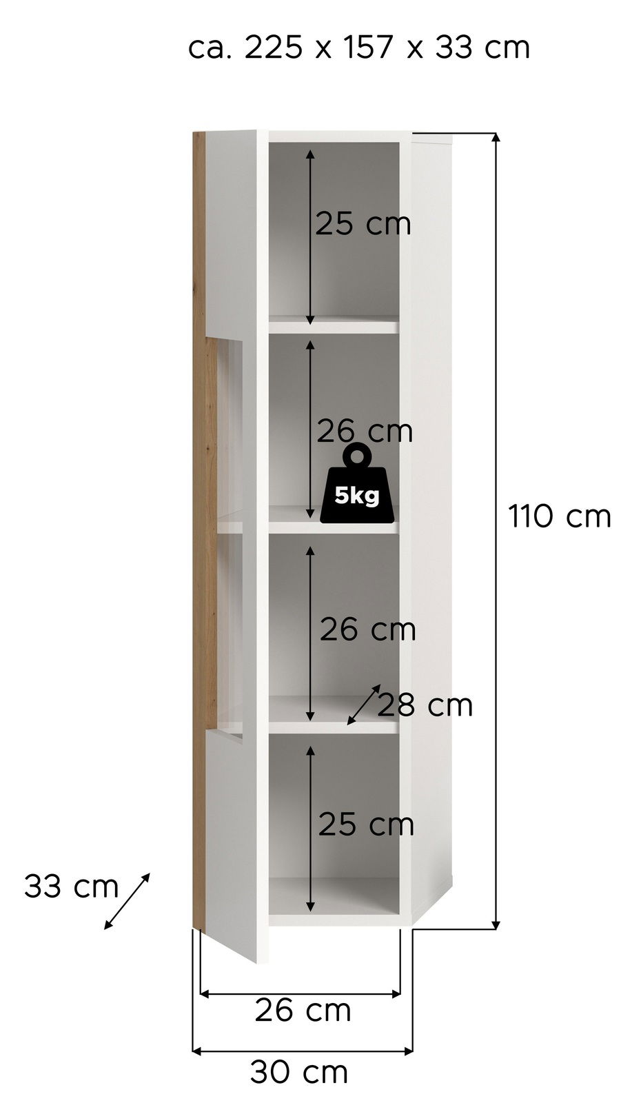 Vitrine mit den Maßen ca. 225 x 157 x 33 cm, weiße Regalböden mit einer Tragkraft von 5 kg, seitliche Holzverkleidung, Frontansicht.