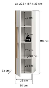 Vitrine mit den Maßen ca. 225 x 157 x 33 cm, weiße Regalböden mit einer Tragkraft von 5 kg, seitliche Holzverkleidung, Frontansicht.