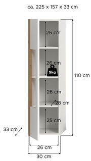 Vitrine mit den Maßen ca. 225 x 157 x 33 cm, weiße Regalböden mit einer Tragkraft von 5 kg, seitliche Holzverkleidung, Frontansicht.