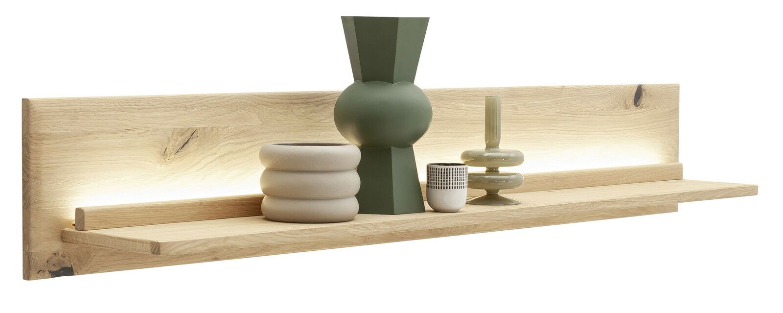 Holz-Wandboard mit integrierter Beleuchtung, dekoriert mit modernen Vasen und Bechern, seitliche Perspektive