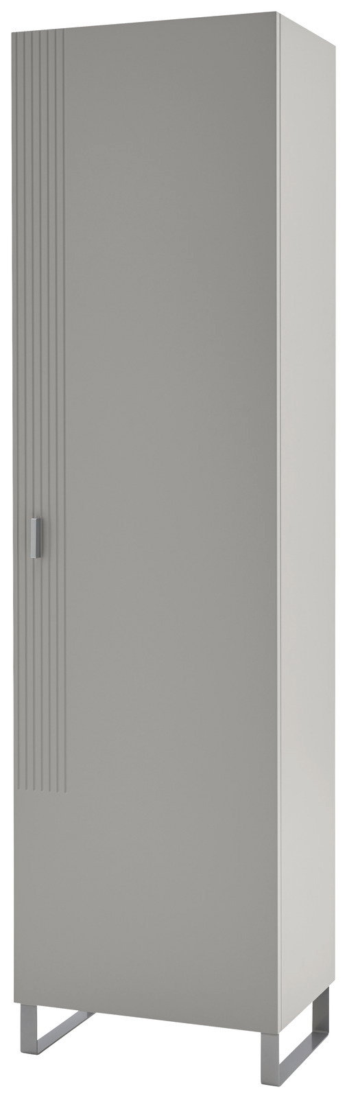 Dieter Knoll Garderobenschrank CORTINA Moderner Garderobenschrank in grauer Farbe mit vertikalen Linien auf der linken Tür, perspektivisch von vorne rechts betrachtet.