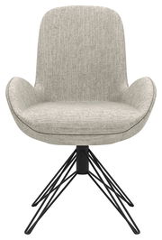 Moderner Armlehnstuhl mit grauem Stoffbezug und schwarzem Metallgestell, Frontalansicht