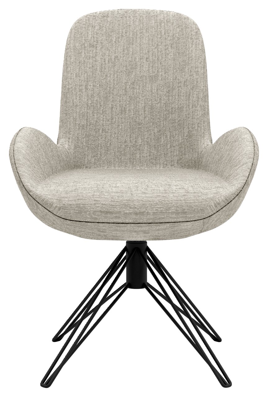 Moderner Armlehnstuhl mit grauem Stoffbezug und schwarzem Metallgestell, Frontalansicht