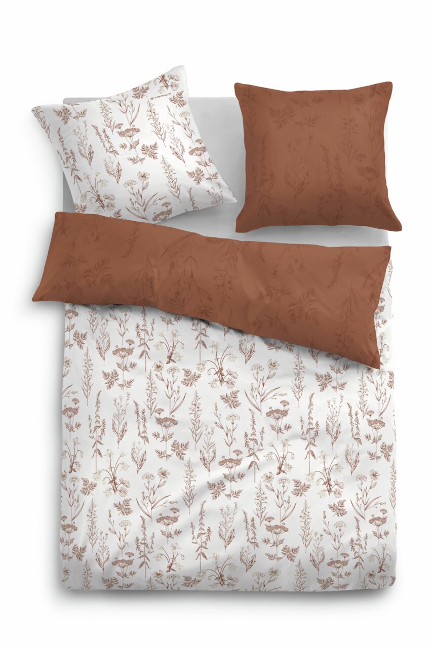 Satin-Bettwäsche-Set mit floralem Muster in Braun- und Weißtönen, Draufsicht