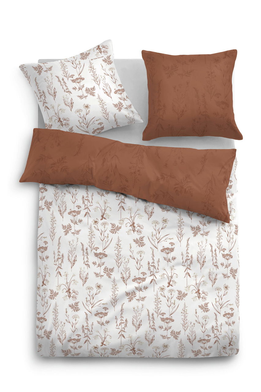 Satin-Bettwäsche-Set mit floralem Muster in Braun- und Weißtönen, Draufsicht