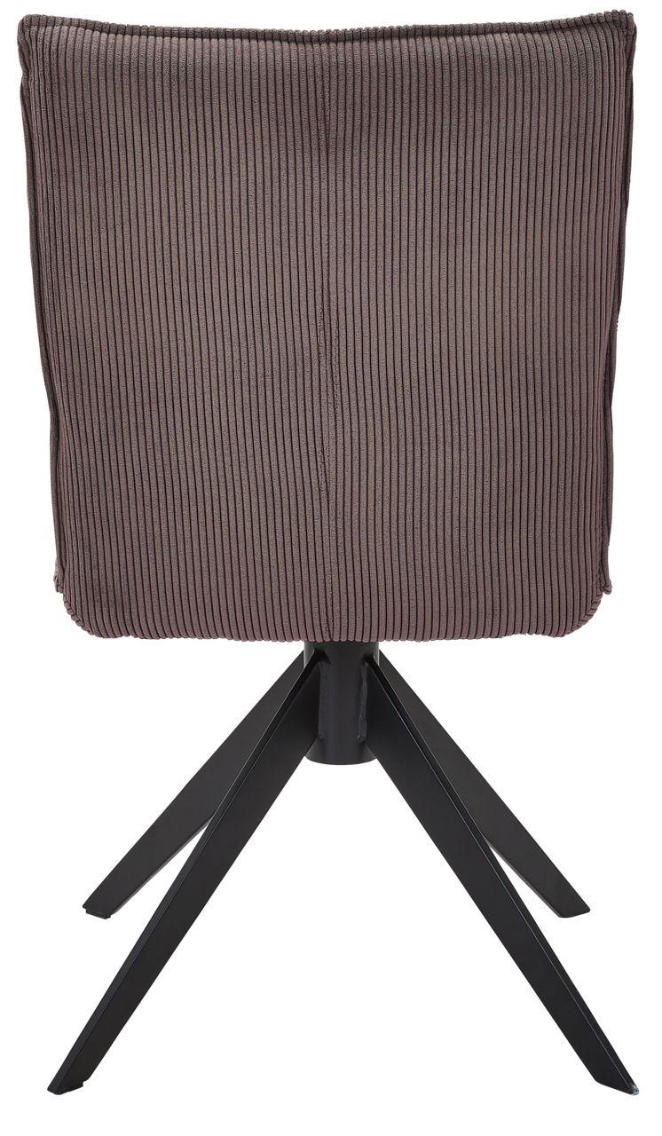 Johann Jakob Stuhl CALAS Rückansicht eines Stuhls mit geripptem Stoffbezug und schwarzem Metallgestell.